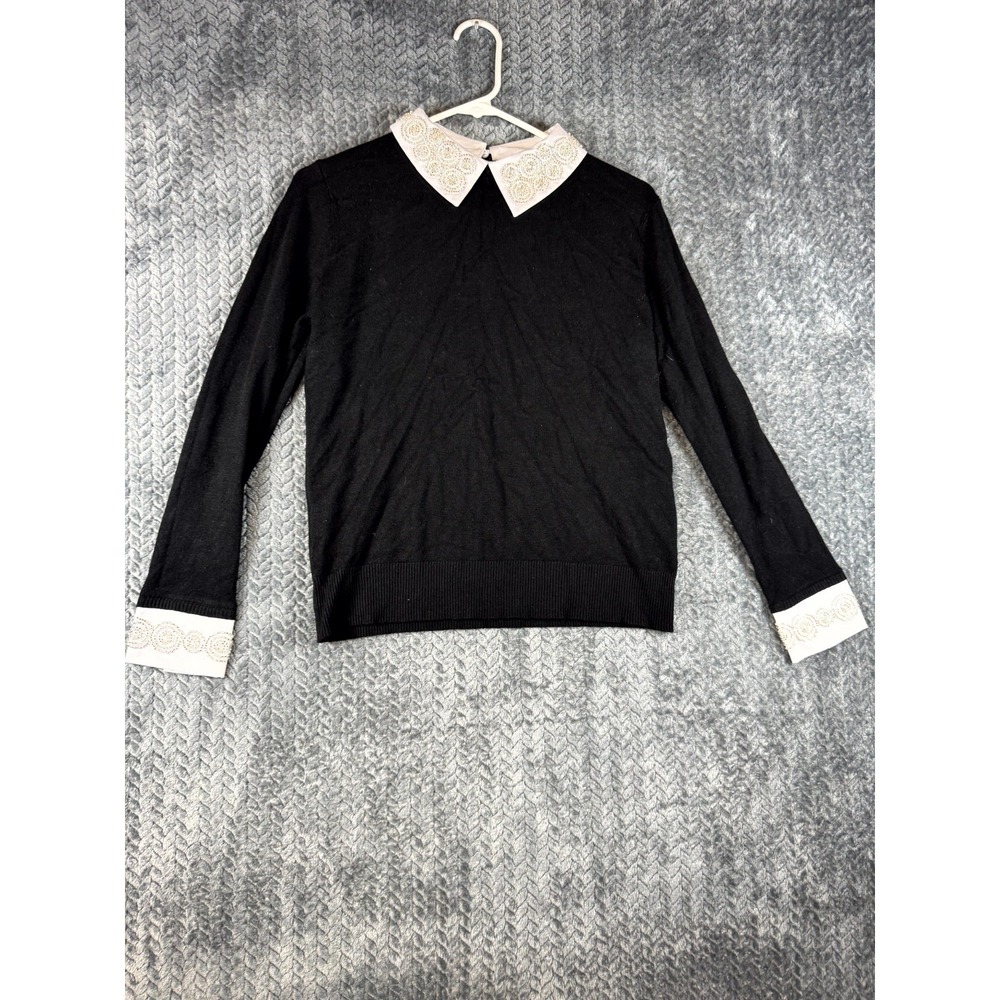Sioni‎ Milano Sweater Womens Small Black Embellished Peter Pan Collar & Cuffs